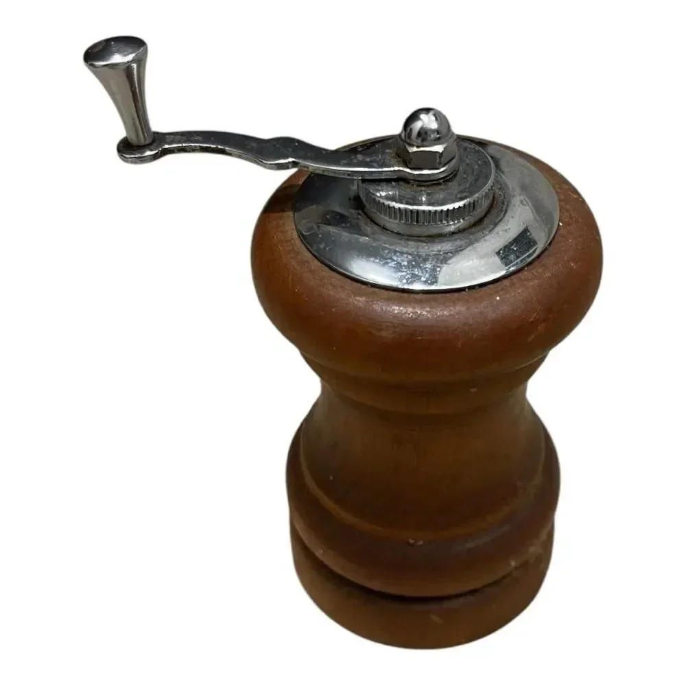 Vintage Small Wooden Pepper Mill with Silver Accents MCM